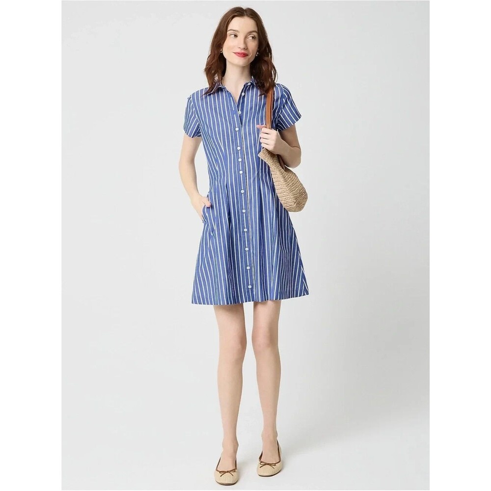 J.CREW Striped Poplin Pleated Mini Shirt-Dress 2 Night Sky White Pockets NWT B23